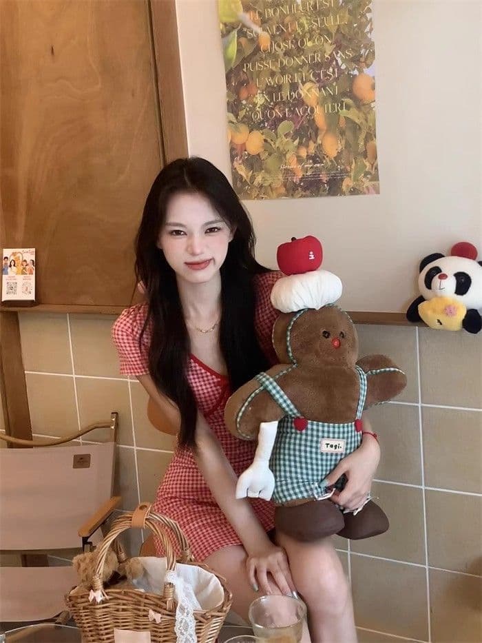 빨간색 체크무늬 V넥 반팔 드레스 여성 의류 여름 나비 매듭 핫걸 미니 스커트 디스플레이 몸 허리 수축 한 마디 치마 상세 이미지 13