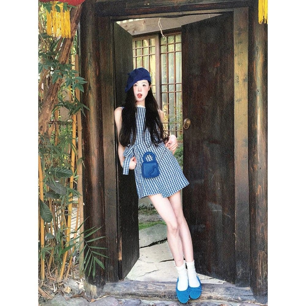 파란색 체크무늬 민소매 여성 드레스 디자인 센스 여름 스트랩 나비 매듭 쇼트 스타일 조끼 스커트 허리 수축 짧은 치마 이미지 2