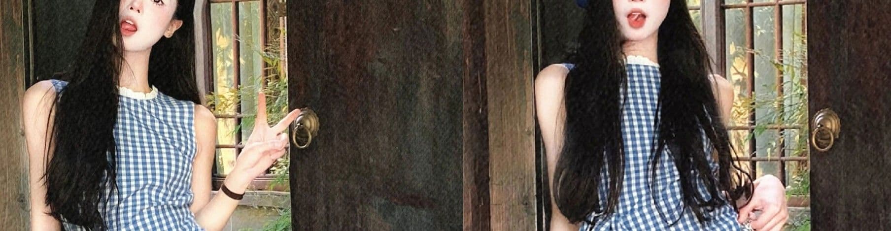 파란색 체크무늬 민소매 여성 드레스 디자인 센스 여름 스트랩 나비 매듭 쇼트 스타일 조끼 스커트 허리 수축 짧은 치마 상세 이미지 24