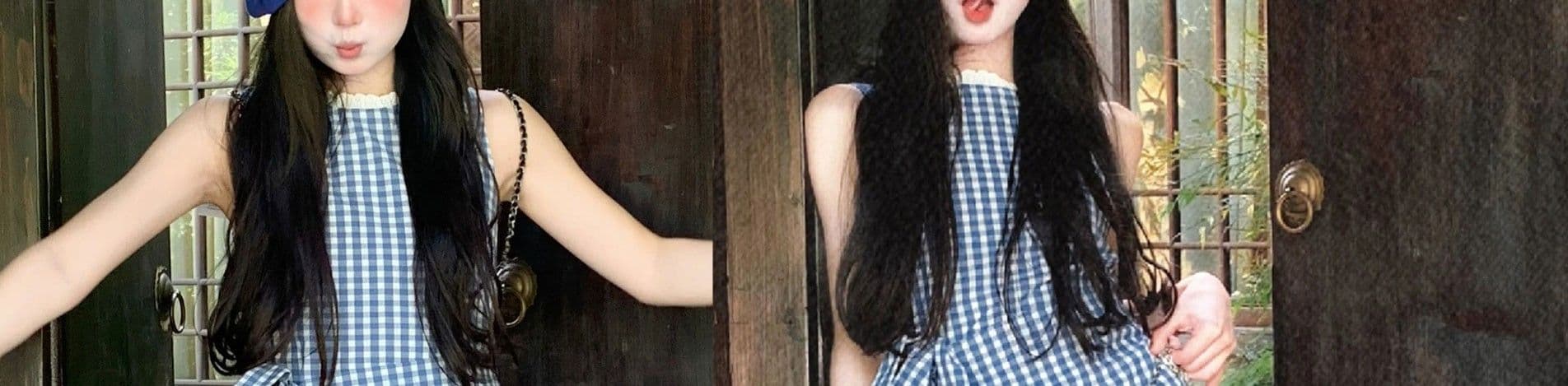 파란색 체크무늬 민소매 여성 드레스 디자인 센스 여름 스트랩 나비 매듭 쇼트 스타일 조끼 스커트 허리 수축 짧은 치마 상세 이미지 30