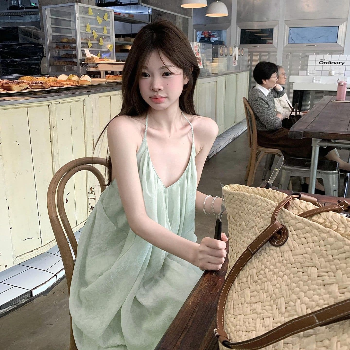 핫걸 섹시함 백리스 행침 목 슬립 여성 드레스 여름 휴가 녹색 롱 스커트 민소매 루즈핏 한 마디 치마 이미지 2