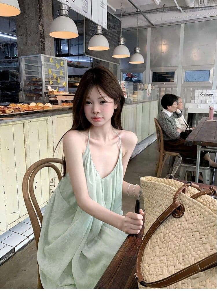 핫걸 섹시함 백리스 행침 목 슬립 여성 드레스 여름 휴가 녹색 롱 스커트 민소매 루즈핏 한 마디 치마 상세 이미지 1