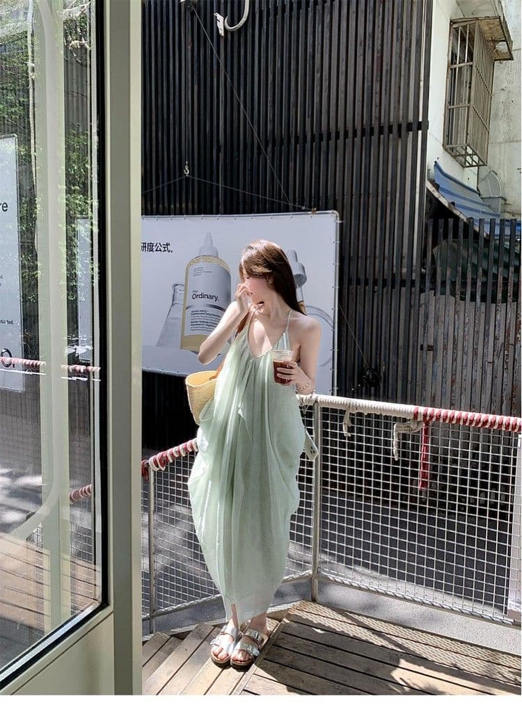 핫걸 섹시함 백리스 행침 목 슬립 여성 드레스 여름 휴가 녹색 롱 스커트 민소매 루즈핏 한 마디 치마 상세 이미지 2
