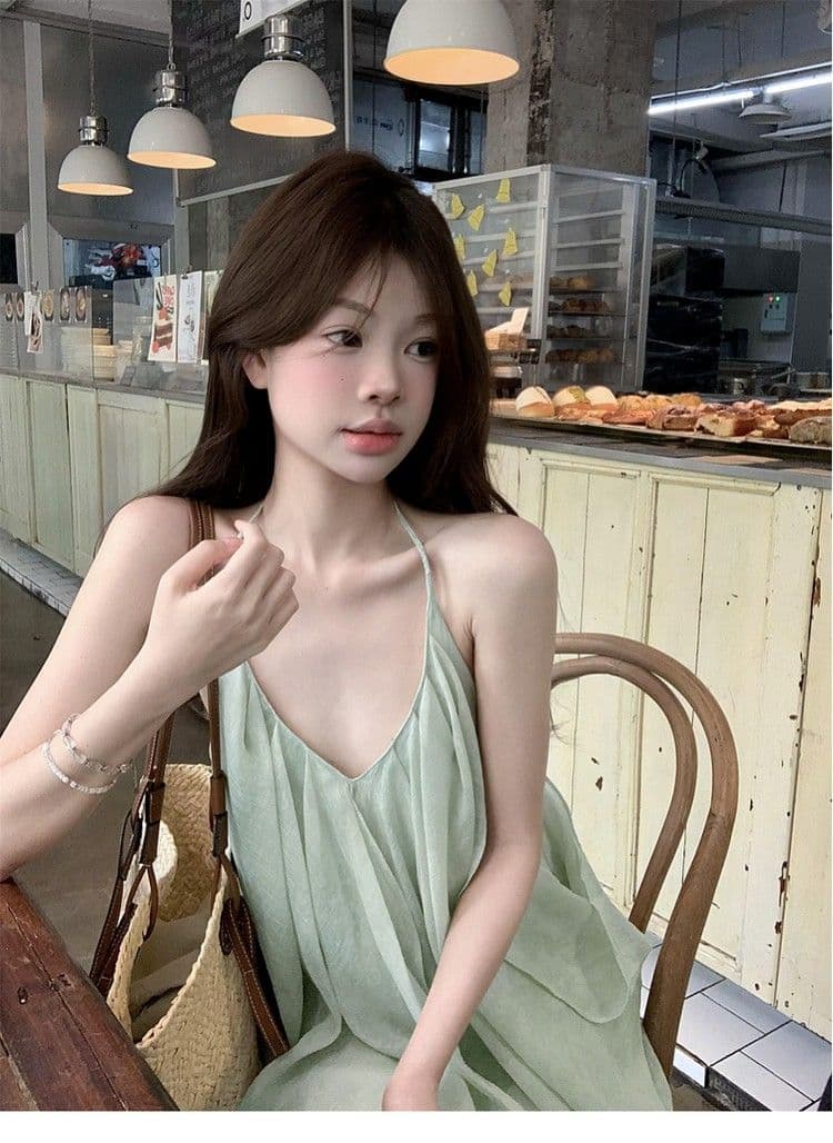 핫걸 섹시함 백리스 행침 목 슬립 여성 드레스 여름 휴가 녹색 롱 스커트 민소매 루즈핏 한 마디 치마 상세 이미지 3