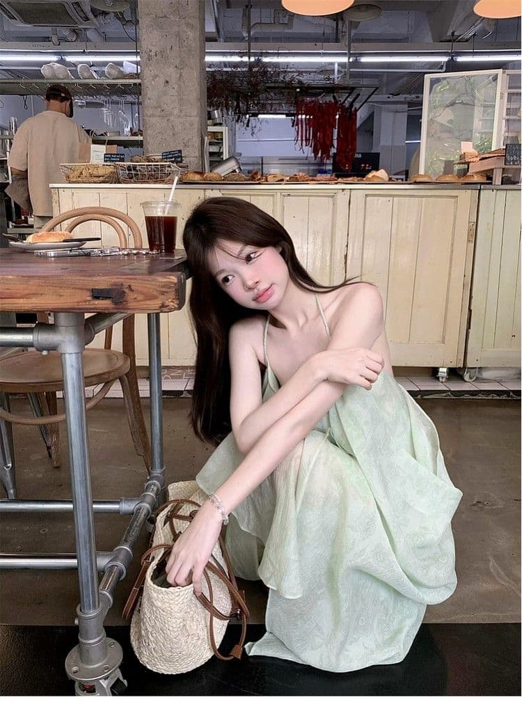 핫걸 섹시함 백리스 행침 목 슬립 여성 드레스 여름 휴가 녹색 롱 스커트 민소매 루즈핏 한 마디 치마 상세 이미지 5