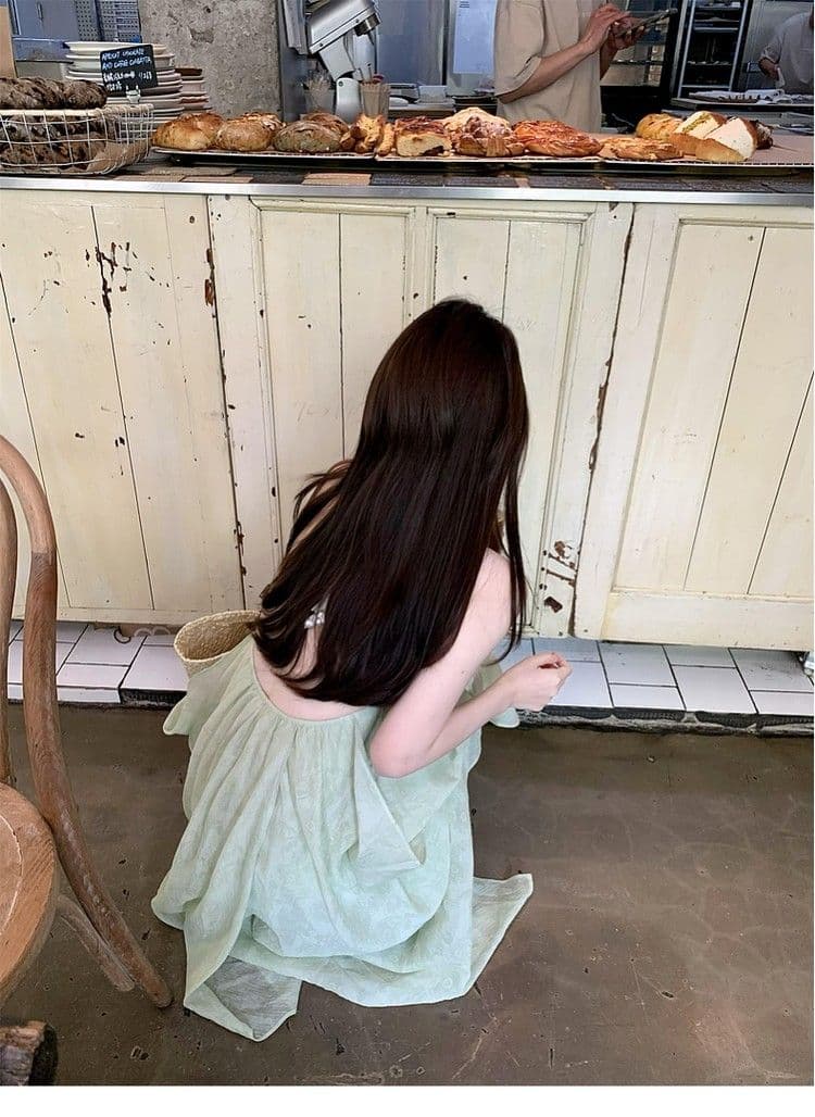 핫걸 섹시함 백리스 행침 목 슬립 여성 드레스 여름 휴가 녹색 롱 스커트 민소매 루즈핏 한 마디 치마 상세 이미지 6