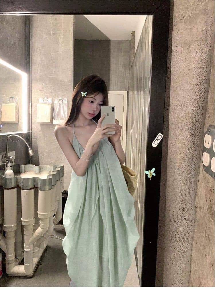 핫걸 섹시함 백리스 행침 목 슬립 여성 드레스 여름 휴가 녹색 롱 스커트 민소매 루즈핏 한 마디 치마 상세 이미지 7