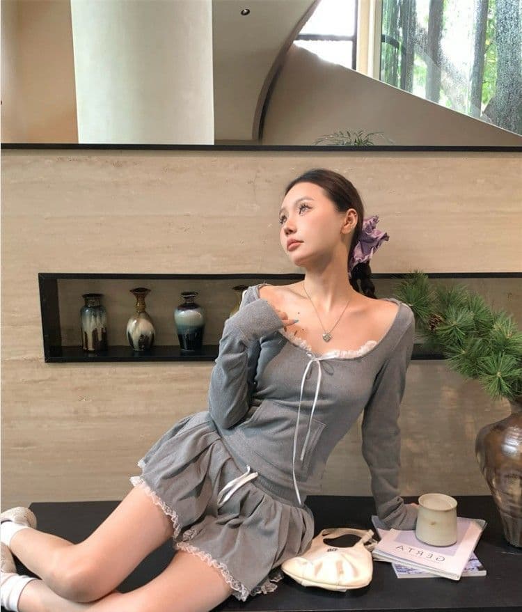 레이스 조각 회색 쇼트 스타일 티셔츠 후드 티 스웨터 핫걸 세트 여성 가을 한 마디 반신 스커트 캐주얼 투피스 세트 상세 이미지 4