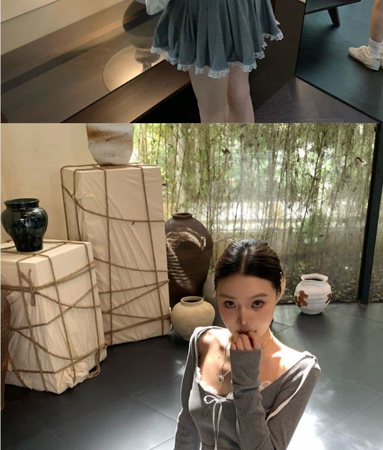 레이스 조각 회색 쇼트 스타일 티셔츠 후드 티 스웨터 핫걸 세트 여성 가을 한 마디 반신 스커트 캐주얼 투피스 세트 상세 이미지 6