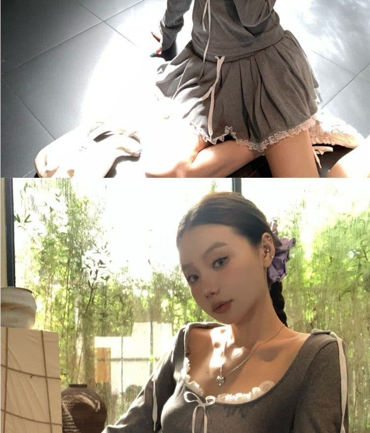레이스 조각 회색 쇼트 스타일 티셔츠 후드 티 스웨터 핫걸 세트 여성 가을 한 마디 반신 스커트 캐주얼 투피스 세트 상세 이미지 7