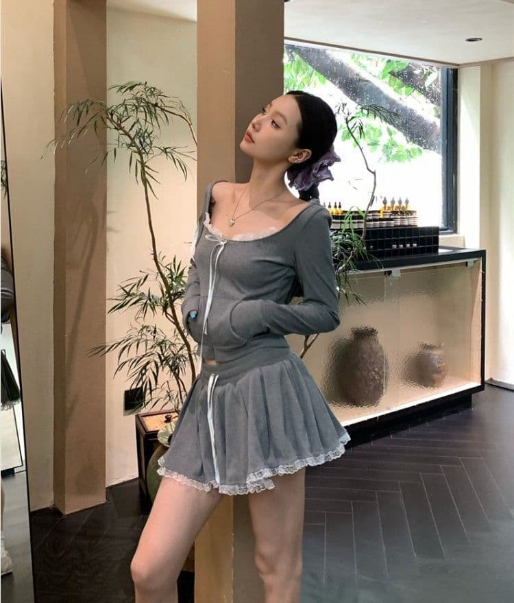 레이스 조각 회색 쇼트 스타일 티셔츠 후드 티 스웨터 핫걸 세트 여성 가을 한 마디 반신 스커트 캐주얼 투피스 세트 상세 이미지 9