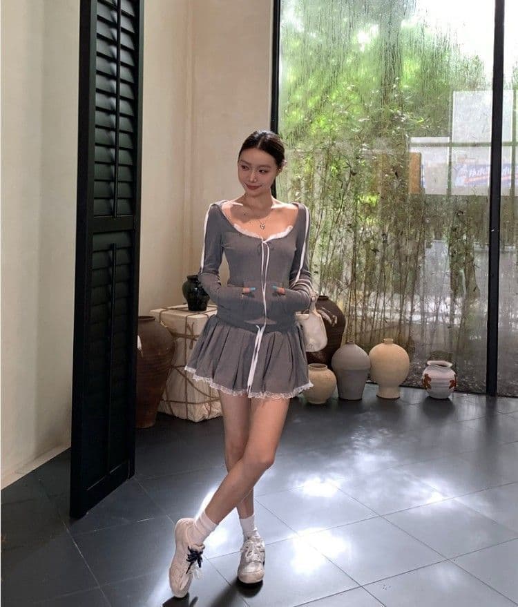 레이스 조각 회색 쇼트 스타일 티셔츠 후드 티 스웨터 핫걸 세트 여성 가을 한 마디 반신 스커트 캐주얼 투피스 세트 상세 이미지 12