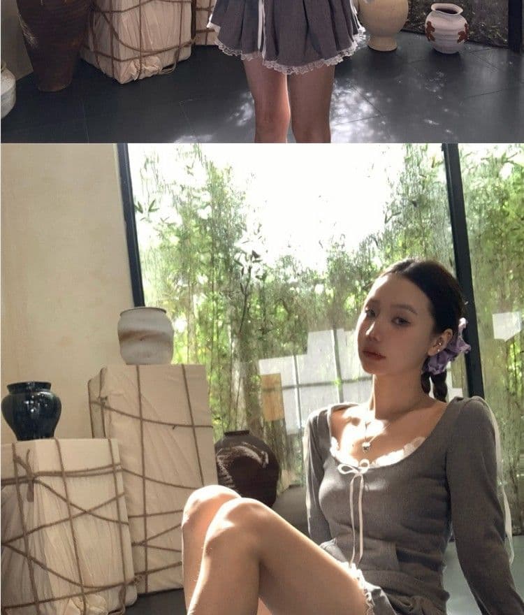 레이스 조각 회색 쇼트 스타일 티셔츠 후드 티 스웨터 핫걸 세트 여성 가을 한 마디 반신 스커트 캐주얼 투피스 세트 상세 이미지 14