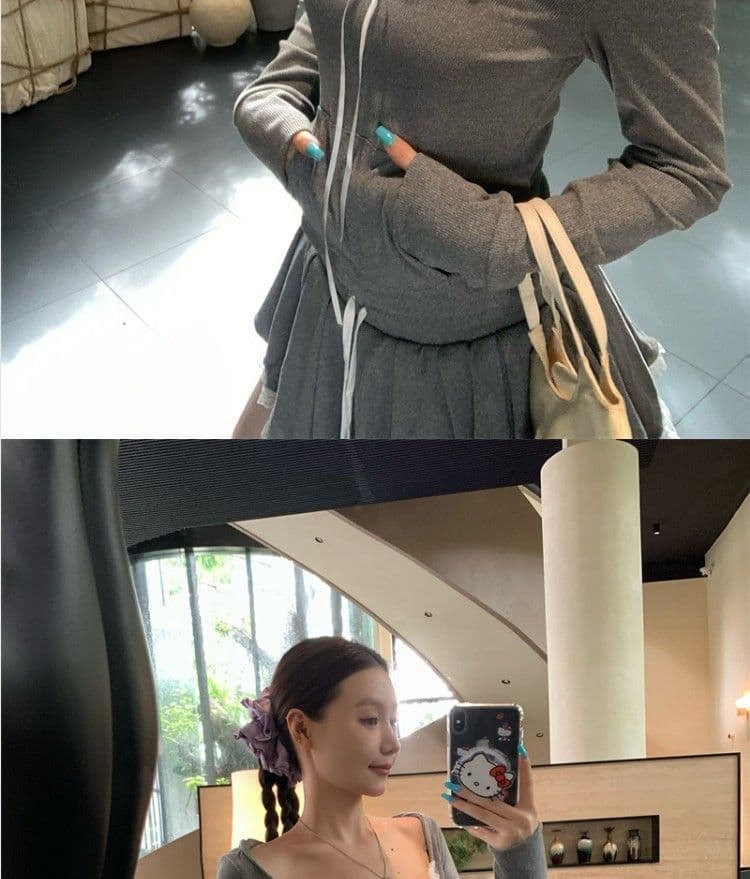 레이스 조각 회색 쇼트 스타일 티셔츠 후드 티 스웨터 핫걸 세트 여성 가을 한 마디 반신 스커트 캐주얼 투피스 세트 상세 이미지 16