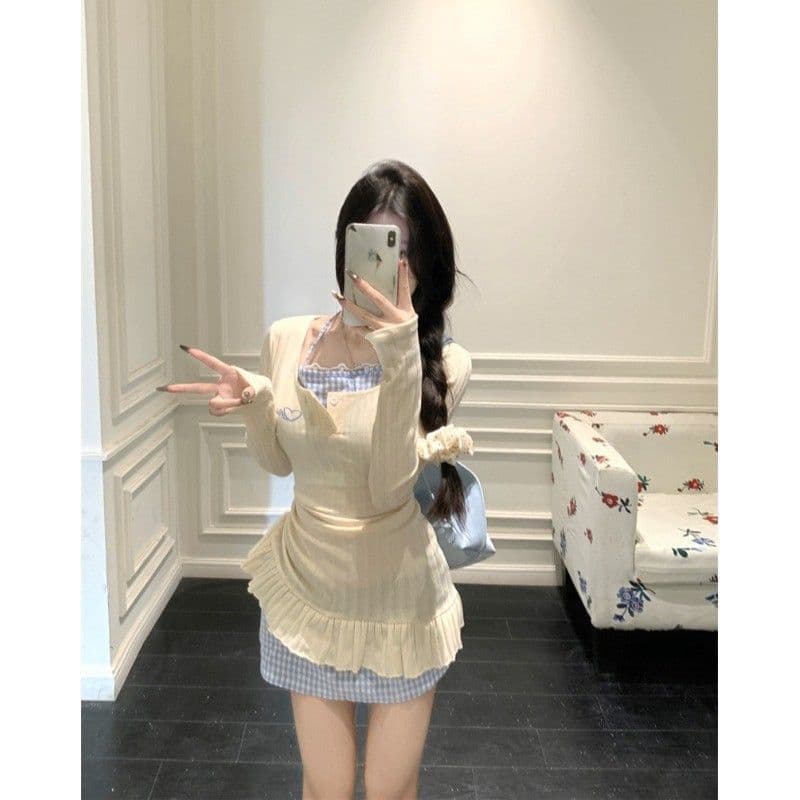 순수한 욕망 달콤한 핫걸 행침 목 페이크 레이어드 드레스 아이들 2026 가을 겨울철 새로운 긴팔 니트 타이트 스커트 미니 스커트 이미지 4