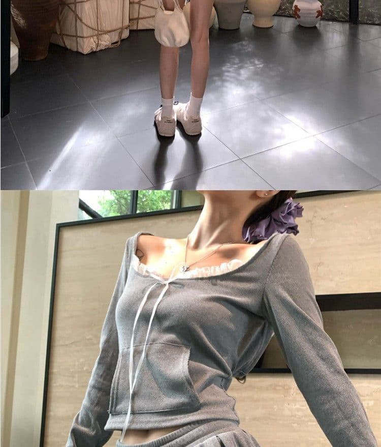 레이스 조각 회색 쇼트 스타일 티셔츠 후드 티 스웨터 핫걸 세트 여성 가을 한 마디 반신 스커트 캐주얼 투피스 세트 상세 이미지 21