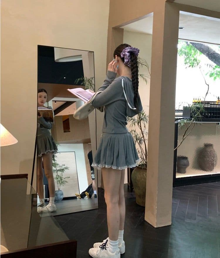 레이스 조각 회색 쇼트 스타일 티셔츠 후드 티 스웨터 핫걸 세트 여성 가을 한 마디 반신 스커트 캐주얼 투피스 세트 상세 이미지 23