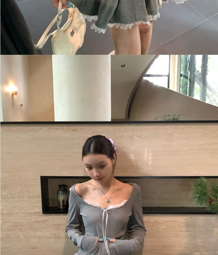 레이스 조각 회색 쇼트 스타일 티셔츠 후드 티 스웨터 핫걸 세트 여성 가을 한 마디 반신 스커트 캐주얼 투피스 세트 상세 이미지 25