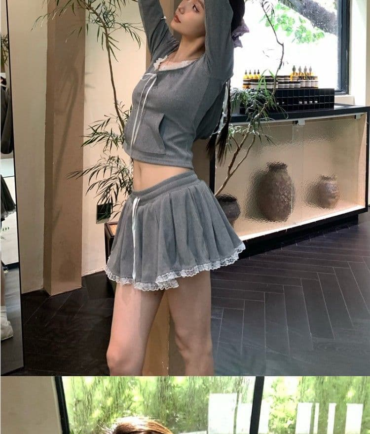 레이스 조각 회색 쇼트 스타일 티셔츠 후드 티 스웨터 핫걸 세트 여성 가을 한 마디 반신 스커트 캐주얼 투피스 세트 상세 이미지 27