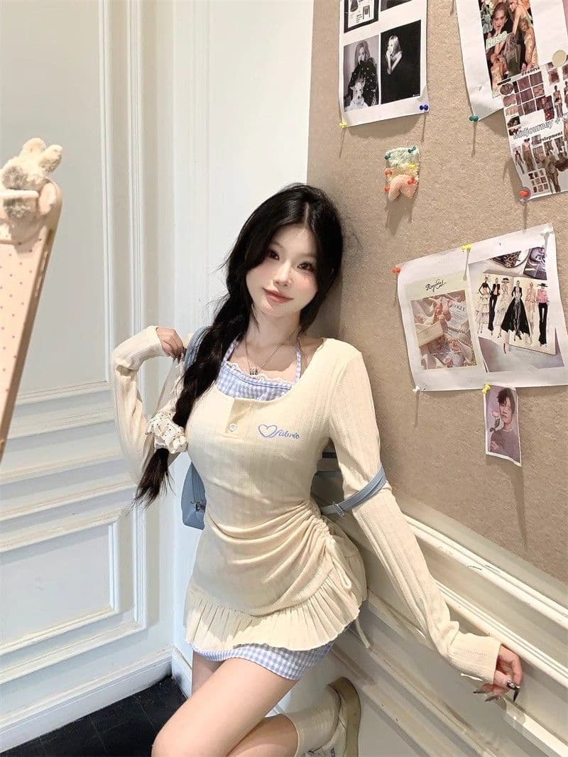 순수한 욕망 달콤한 핫걸 행침 목 페이크 레이어드 드레스 아이들 2026 가을 겨울철 새로운 긴팔 니트 타이트 스커트 미니 스커트 상세 이미지 5