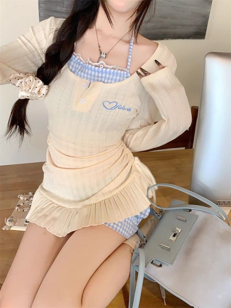 순수한 욕망 달콤한 핫걸 행침 목 페이크 레이어드 드레스 아이들 2026 가을 겨울철 새로운 긴팔 니트 타이트 스커트 미니 스커트 상세 이미지 9