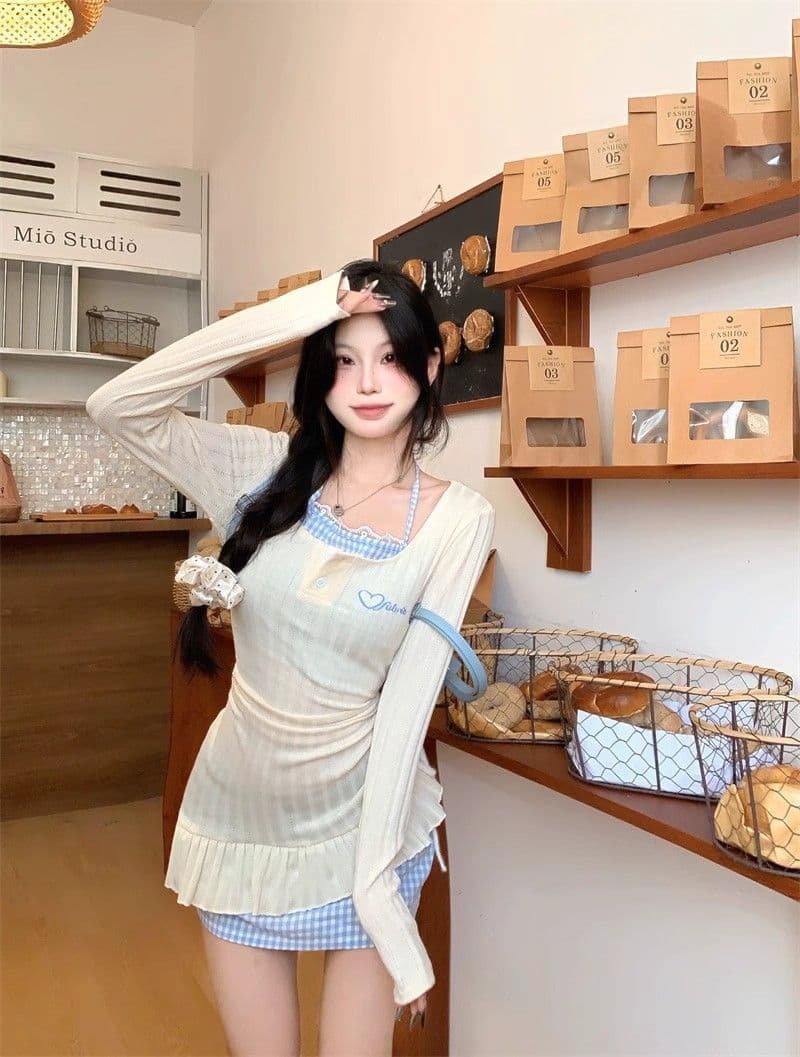 순수한 욕망 달콤한 핫걸 행침 목 페이크 레이어드 드레스 아이들 2026 가을 겨울철 새로운 긴팔 니트 타이트 스커트 미니 스커트 상세 이미지 12