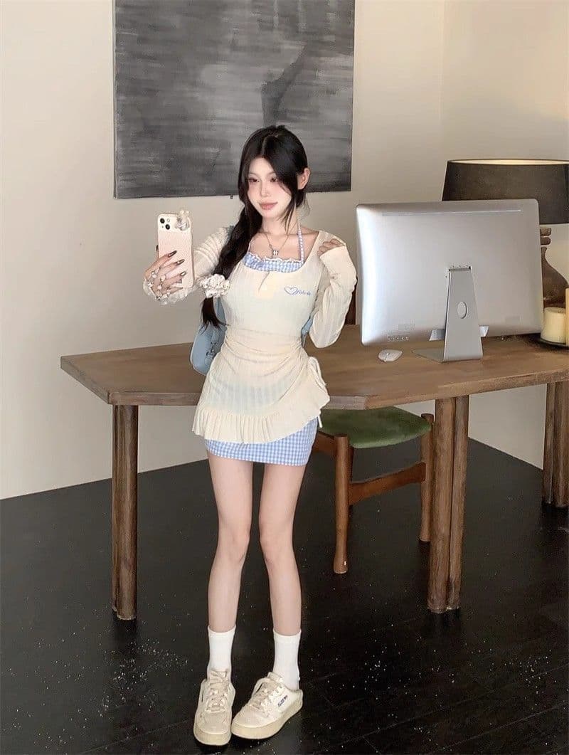 순수한 욕망 달콤한 핫걸 행침 목 페이크 레이어드 드레스 아이들 2026 가을 겨울철 새로운 긴팔 니트 타이트 스커트 미니 스커트 상세 이미지 13