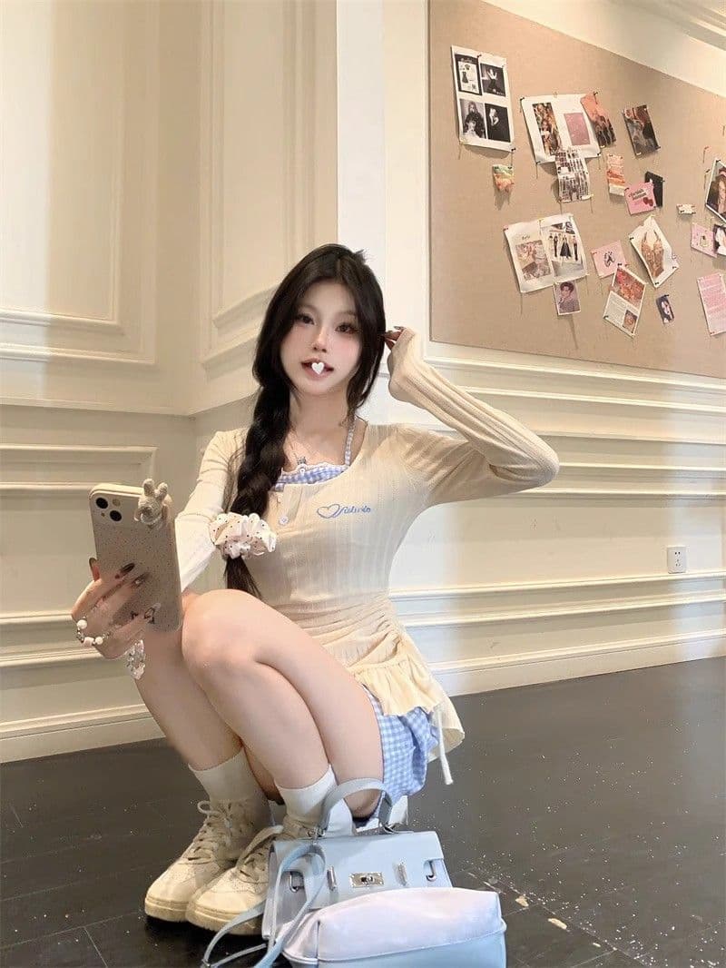 순수한 욕망 달콤한 핫걸 행침 목 페이크 레이어드 드레스 아이들 2026 가을 겨울철 새로운 긴팔 니트 타이트 스커트 미니 스커트 상세 이미지 15