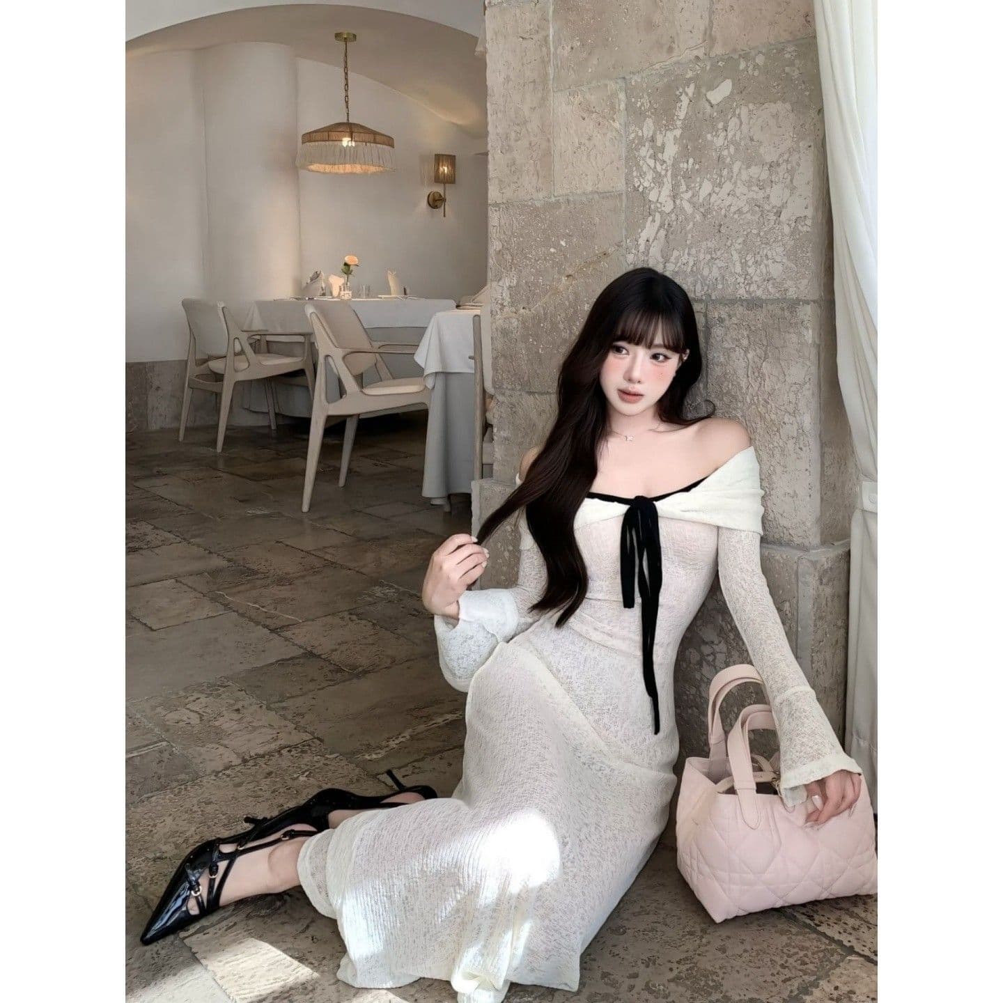 프랑스식 아름다운 고유 한 오프숄더 몸매 가꾸기 타이트 스커트 롱 스커트 작은 대중 자이언트 잘 생긴 ~ 중 긴팔 드레스 2026 가을 이미지 4
