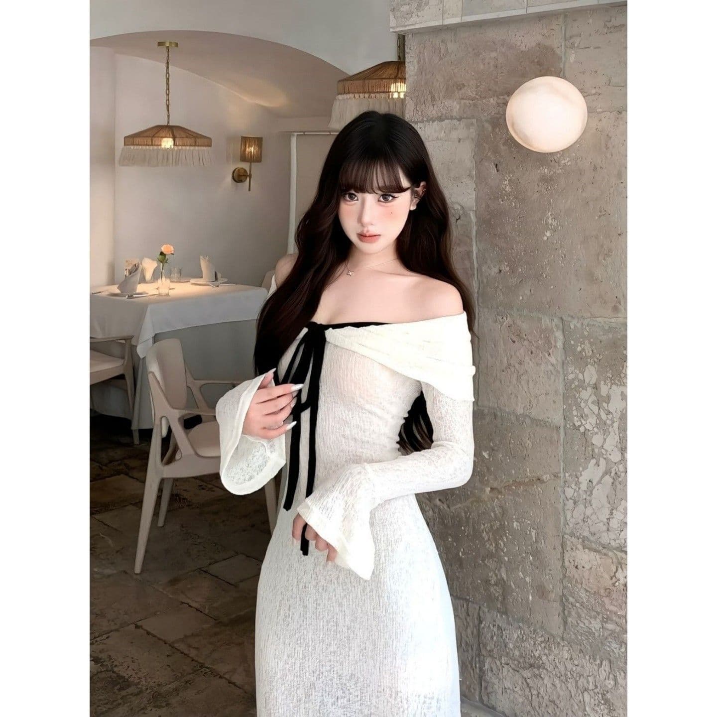 프랑스식 아름다운 고유 한 오프숄더 몸매 가꾸기 타이트 스커트 롱 스커트 작은 대중 자이언트 잘 생긴 ~ 중 긴팔 드레스 2026 가을 이미지 5