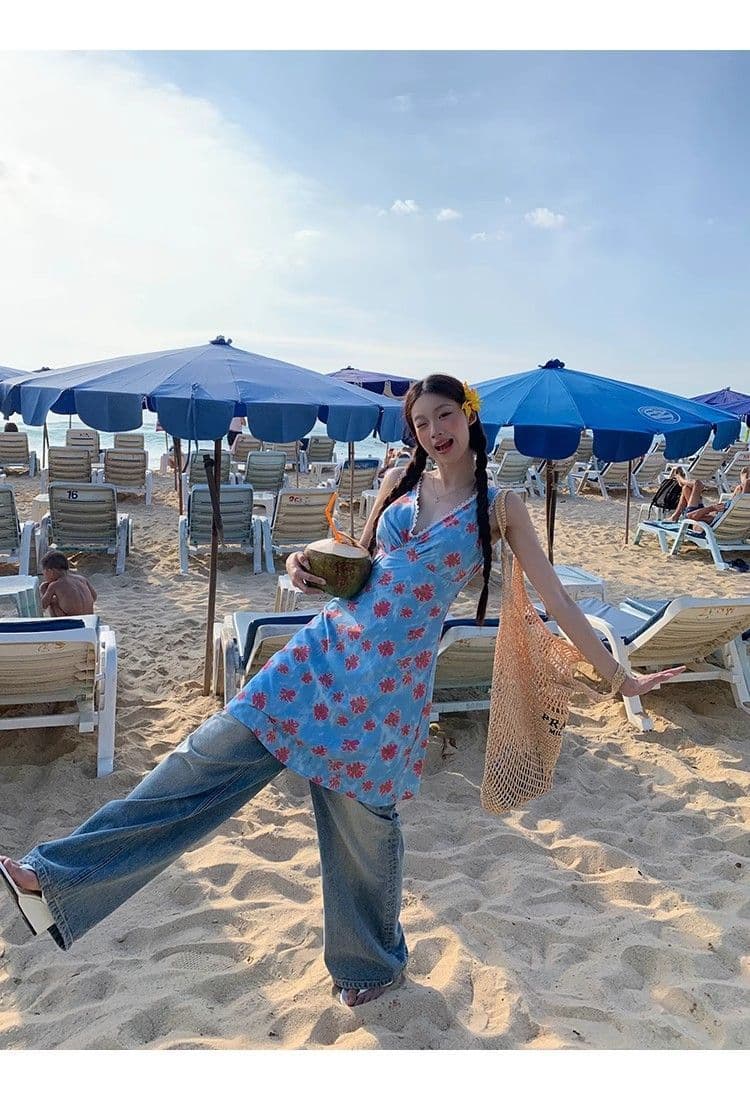 작은 청신 레이스 조각 꽃무늬 여성 드레스 여름 2026 새로운 품격 순수한 욕망 몸매 가꾸기 슬림해 보이는 조끼 스커트 상세 이미지 4