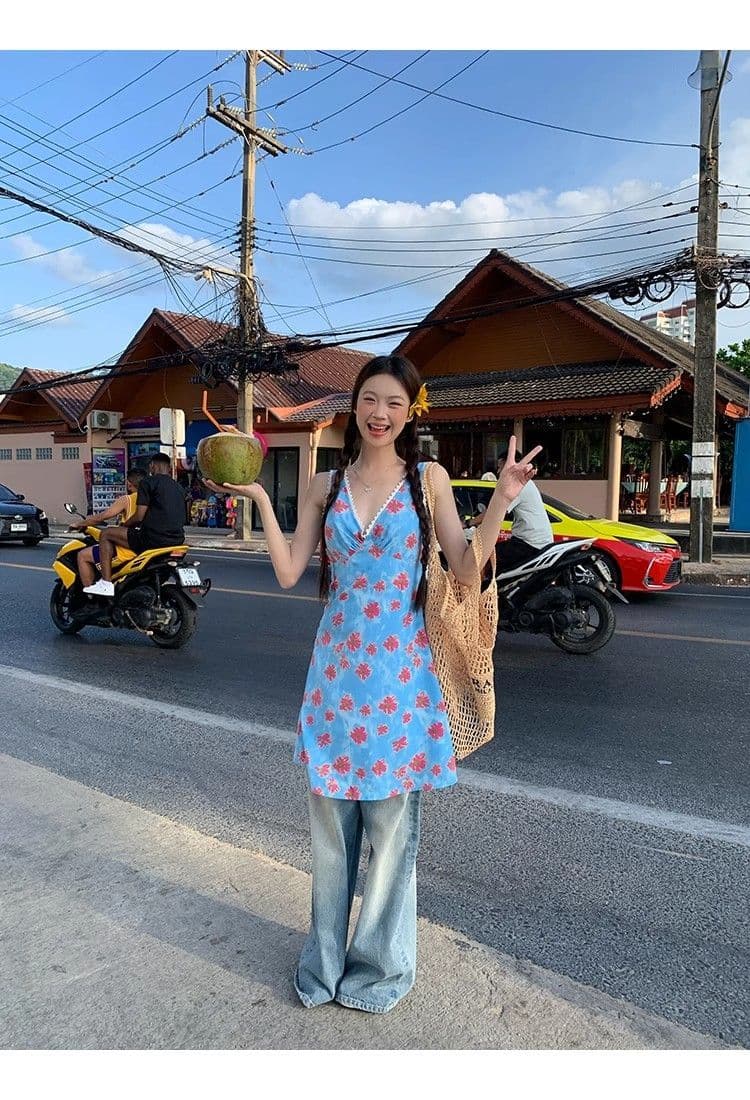 작은 청신 레이스 조각 꽃무늬 여성 드레스 여름 2026 새로운 품격 순수한 욕망 몸매 가꾸기 슬림해 보이는 조끼 스커트 상세 이미지 7