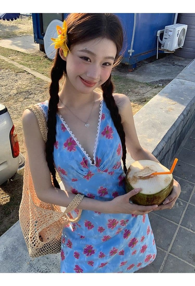 작은 청신 레이스 조각 꽃무늬 여성 드레스 여름 2026 새로운 품격 순수한 욕망 몸매 가꾸기 슬림해 보이는 조끼 스커트 상세 이미지 11
