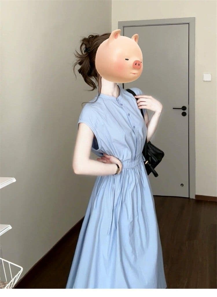 프랑스식 품격 파란색 셔츠 드레스 아이들 여름 2026 새로운 고급 센스 허리 수축 슬림해 보이는 한 마디 롱 스커트 상세 이미지 4