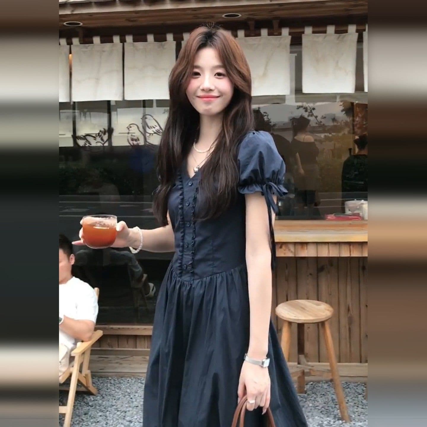 프랑스식 고급 센스 해군 V넥 거품 소매 여성 드레스 여름 슈퍼 잘 생긴 고유 한 아름다운 허리 수축 치마 이미지 2