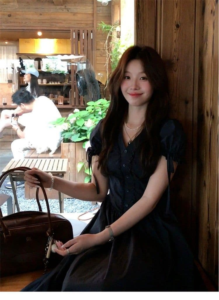 프랑스식 고급 센스 해군 V넥 거품 소매 여성 드레스 여름 슈퍼 잘 생긴 고유 한 아름다운 허리 수축 치마 상세 이미지 5