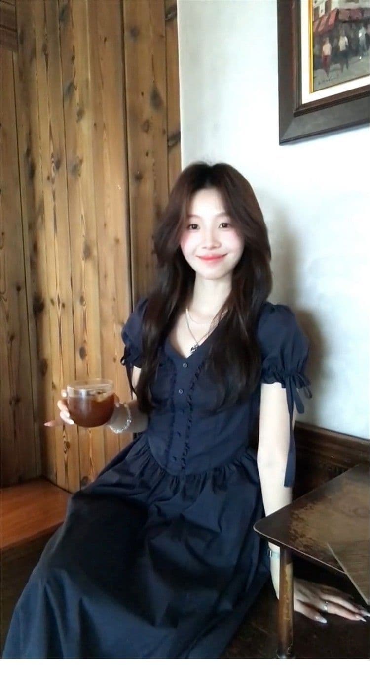 프랑스식 고급 센스 해군 V넥 거품 소매 여성 드레스 여름 슈퍼 잘 생긴 고유 한 아름다운 허리 수축 치마 상세 이미지 6