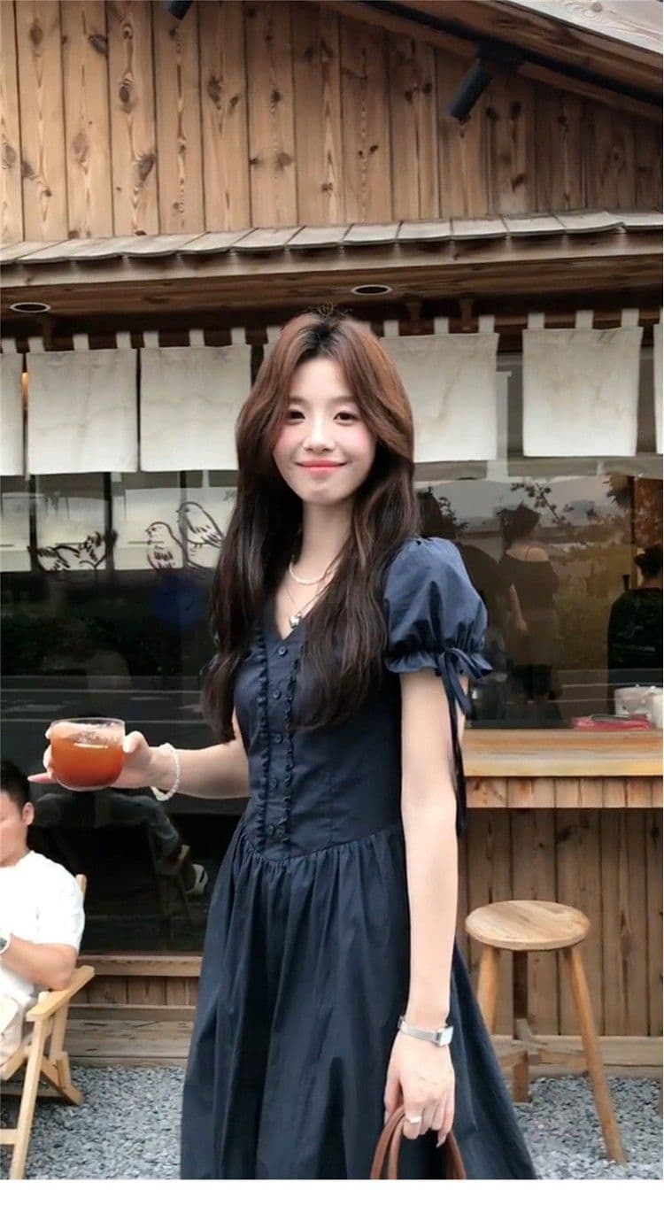 프랑스식 고급 센스 해군 V넥 거품 소매 여성 드레스 여름 슈퍼 잘 생긴 고유 한 아름다운 허리 수축 치마 상세 이미지 10