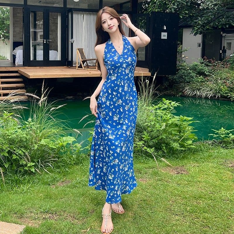 프랑스식 파란색 행침 목 슬립 꽃무늬 드레스 아이들 여름 2025 새로운 작은 키 품격 허리 수축 롱 스커트 이미지 3