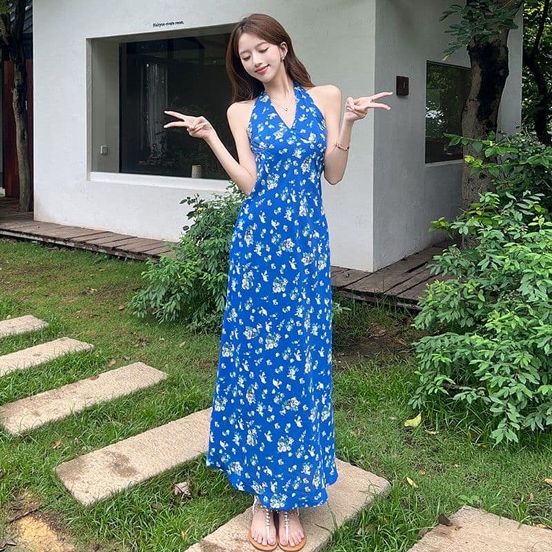 프랑스식 파란색 행침 목 슬립 꽃무늬 드레스 아이들 여름 2025 새로운 작은 키 품격 허리 수축 롱 스커트