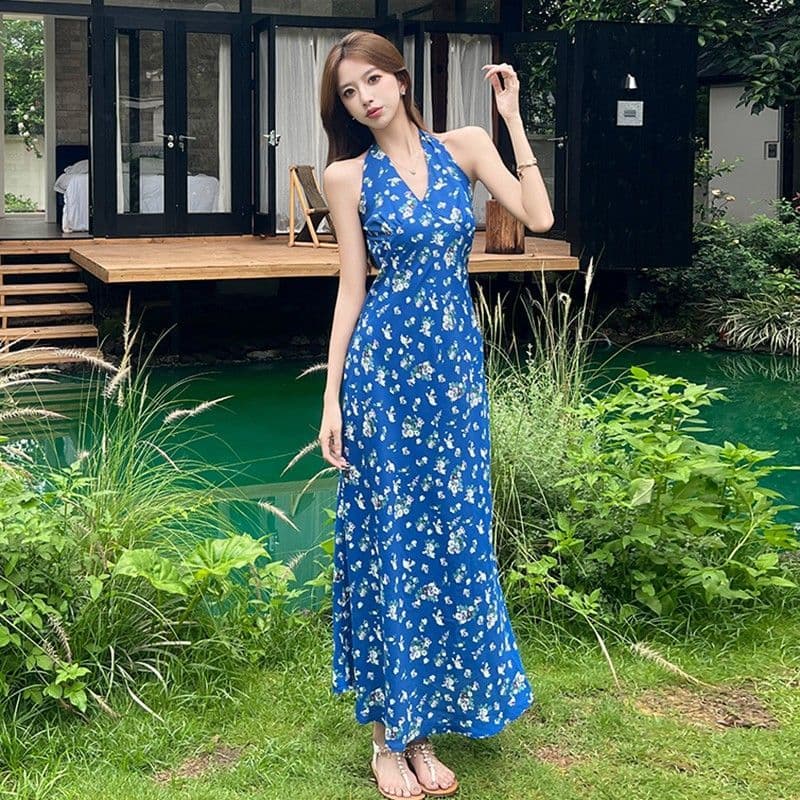 프랑스식 파란색 행침 목 슬립 꽃무늬 드레스 아이들 여름 2025 새로운 작은 키 품격 허리 수축 롱 스커트 이미지 5