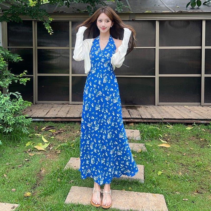 프랑스식 파란색 행침 목 슬립 꽃무늬 드레스 아이들 여름 2025 새로운 작은 키 품격 허리 수축 롱 스커트 이미지 4