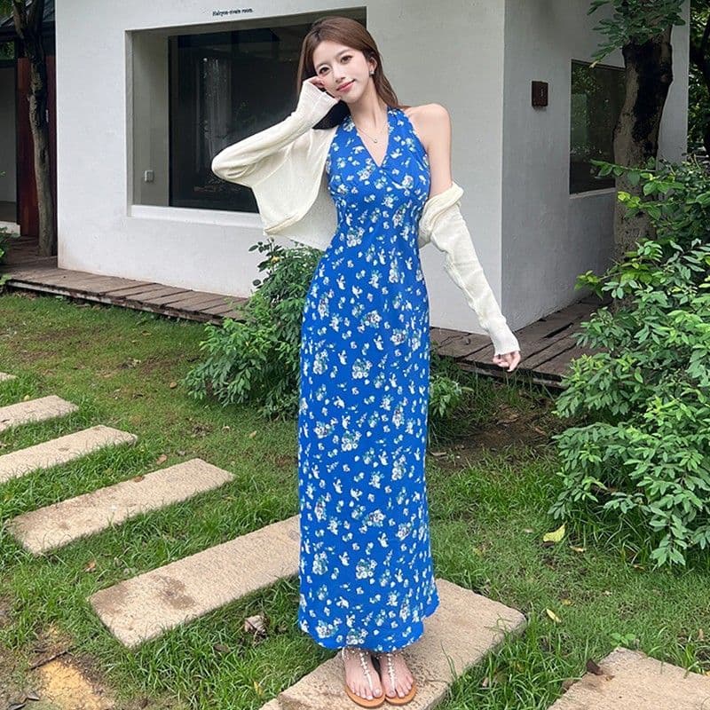 프랑스식 파란색 행침 목 슬립 꽃무늬 드레스 아이들 여름 2025 새로운 작은 키 품격 허리 수축 롱 스커트 이미지 2
