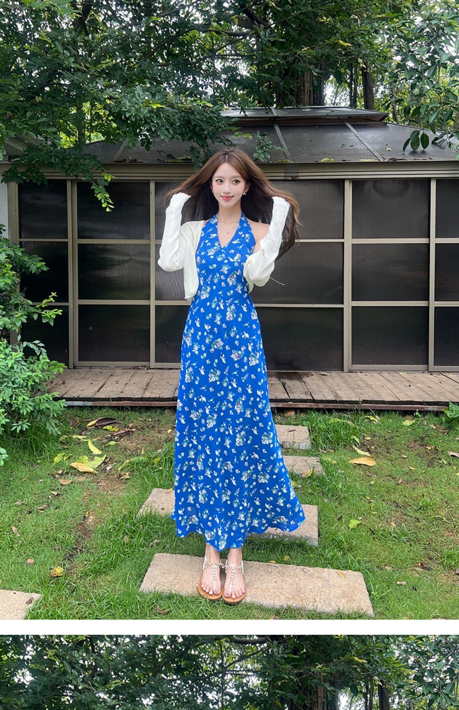 프랑스식 파란색 행침 목 슬립 꽃무늬 드레스 아이들 여름 2025 새로운 작은 키 품격 허리 수축 롱 스커트 상세 이미지 5
