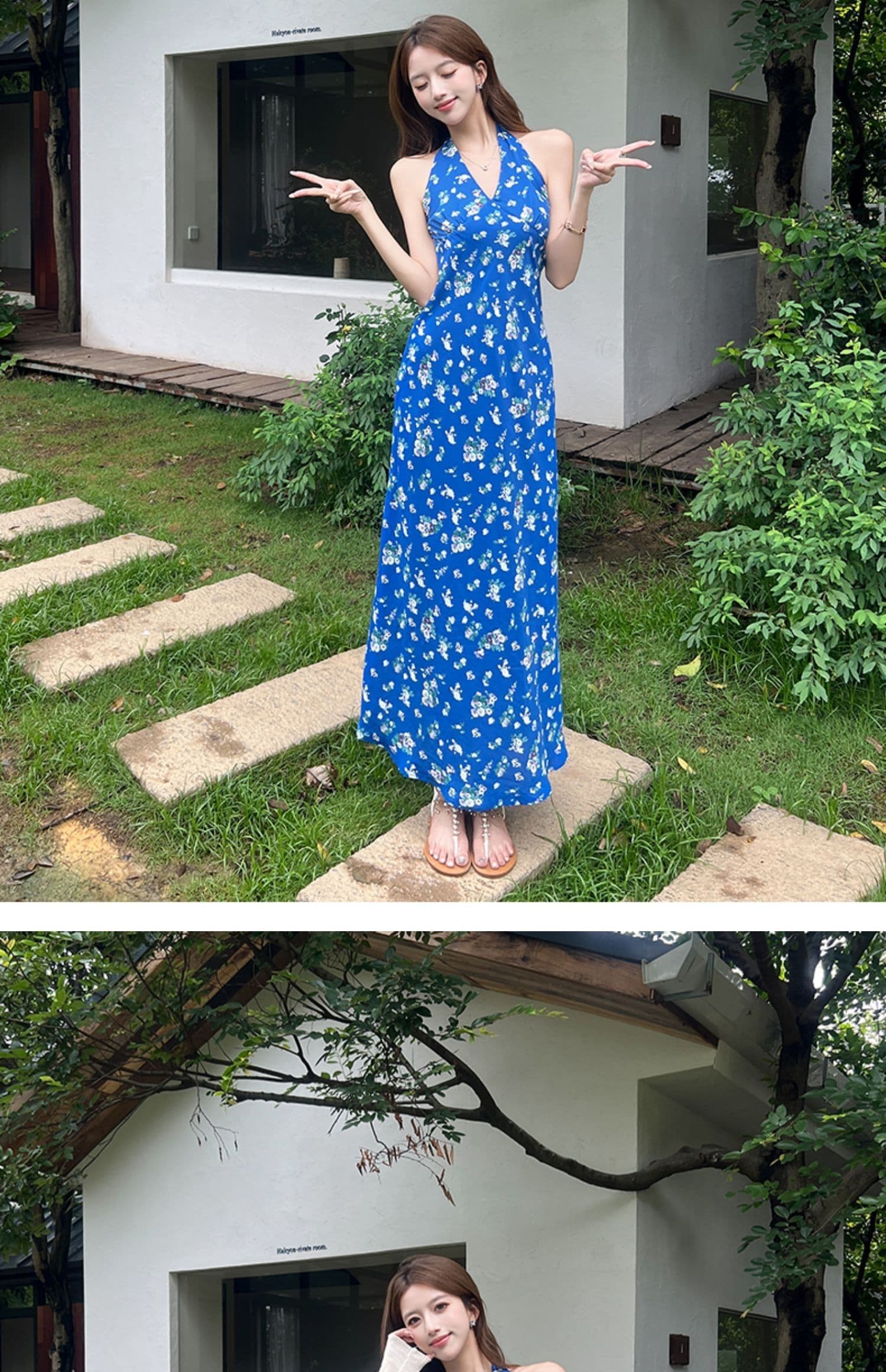 프랑스식 파란색 행침 목 슬립 꽃무늬 드레스 아이들 여름 2025 새로운 작은 키 품격 허리 수축 롱 스커트 상세 이미지 7