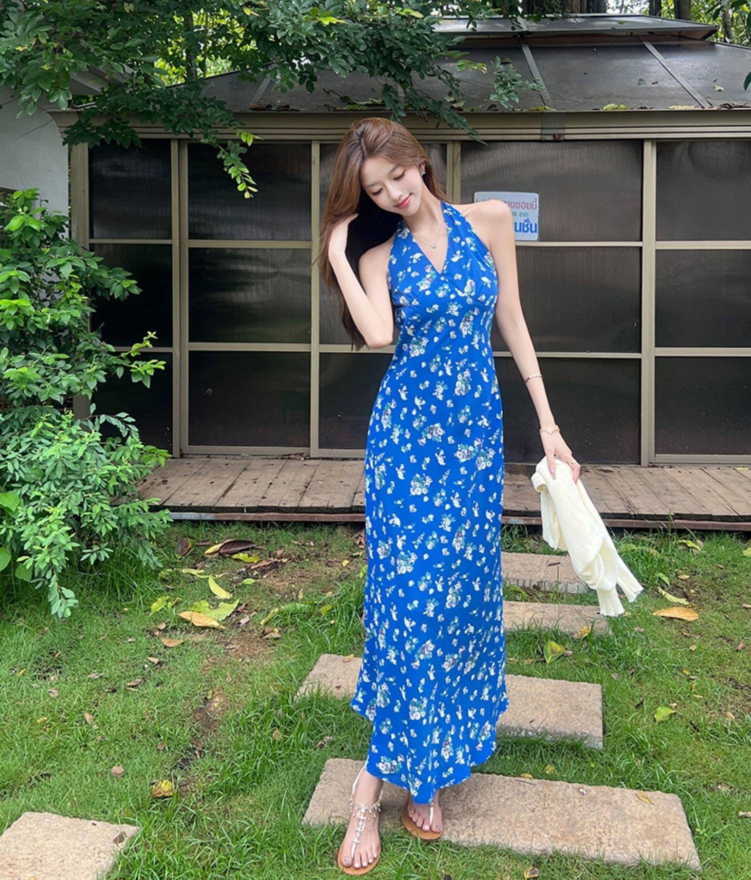 프랑스식 파란색 행침 목 슬립 꽃무늬 드레스 아이들 여름 2025 새로운 작은 키 품격 허리 수축 롱 스커트 상세 이미지 10