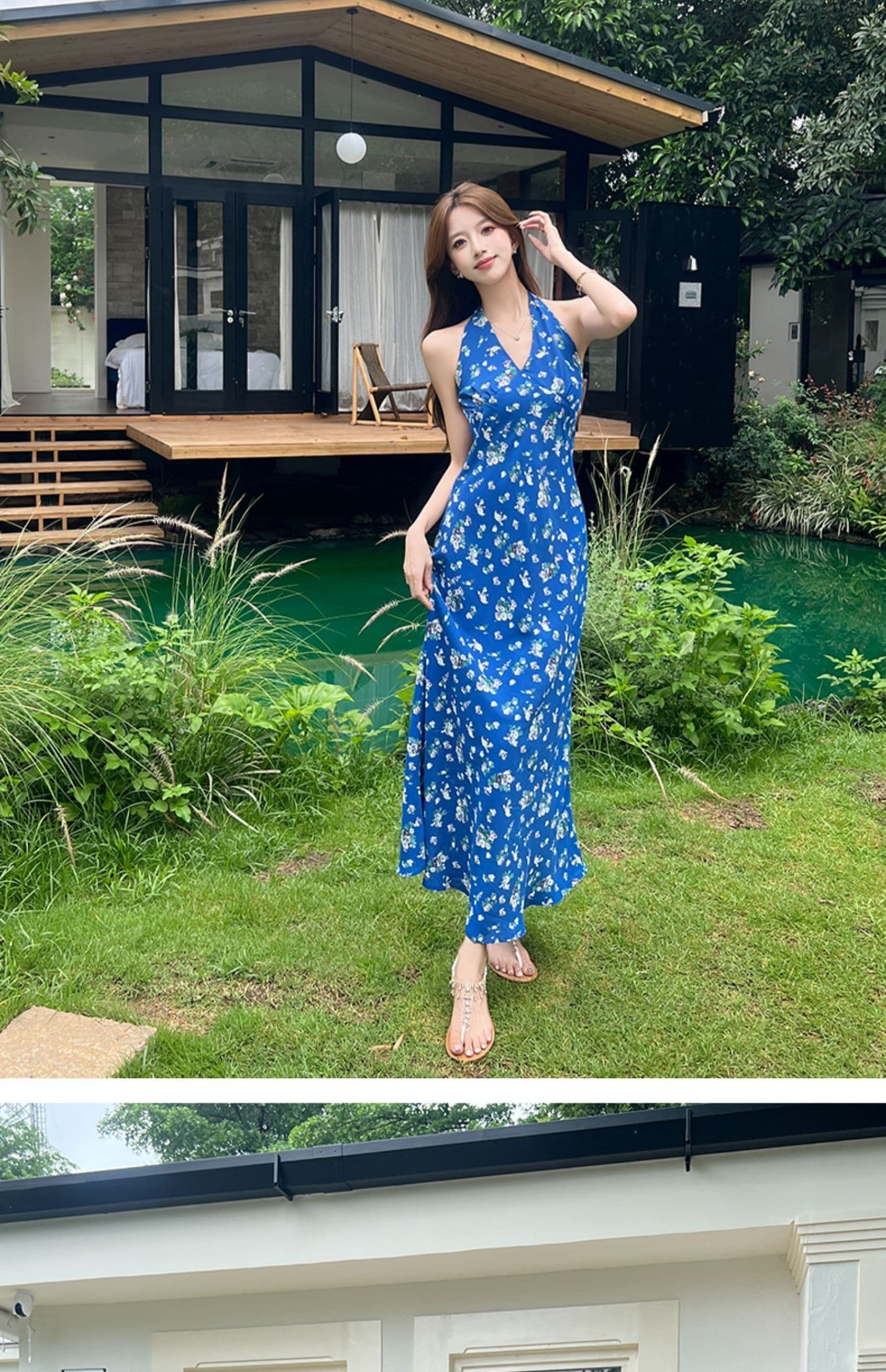프랑스식 파란색 행침 목 슬립 꽃무늬 드레스 아이들 여름 2025 새로운 작은 키 품격 허리 수축 롱 스커트 상세 이미지 12