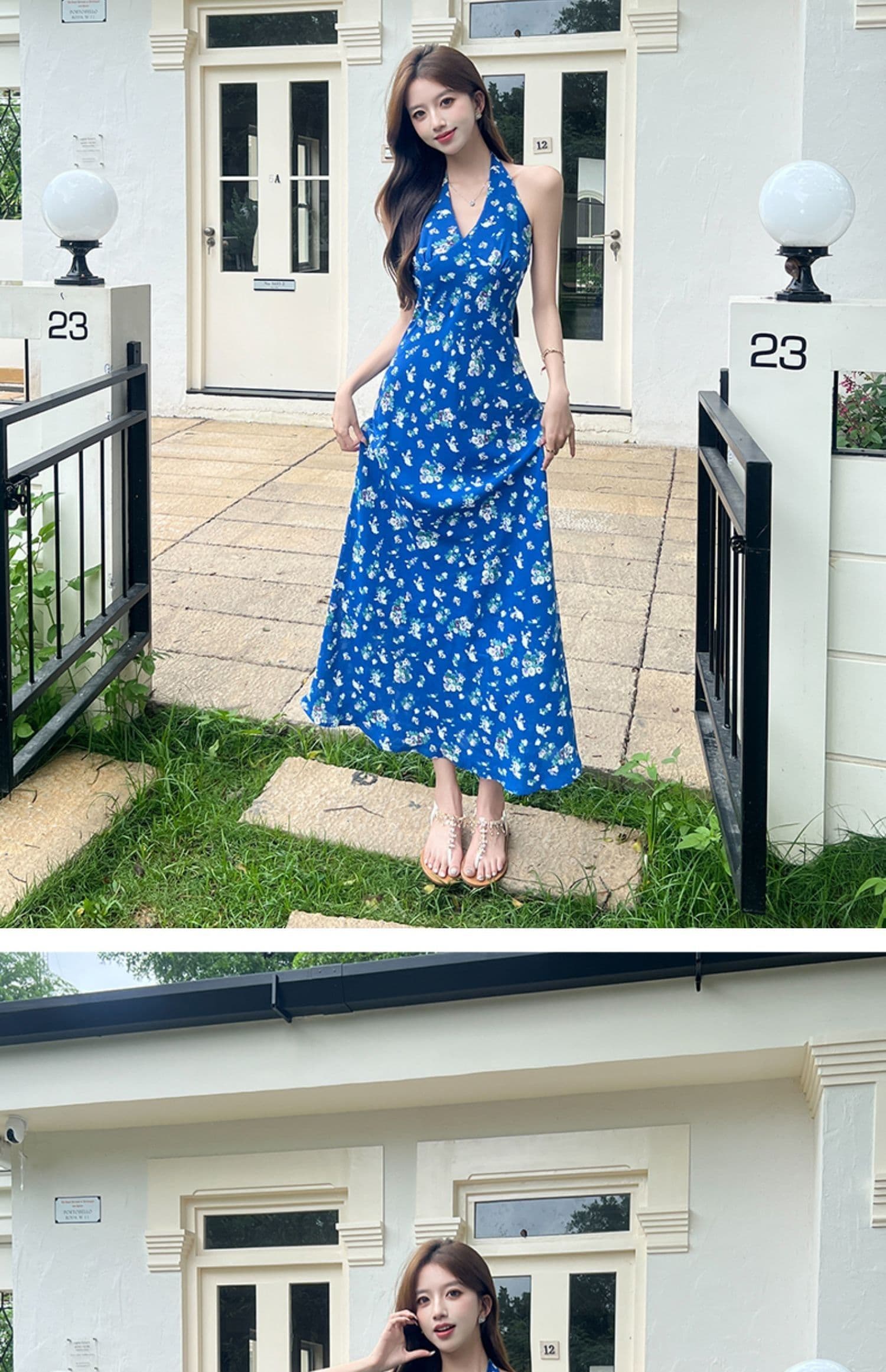 프랑스식 파란색 행침 목 슬립 꽃무늬 드레스 아이들 여름 2025 새로운 작은 키 품격 허리 수축 롱 스커트 상세 이미지 13