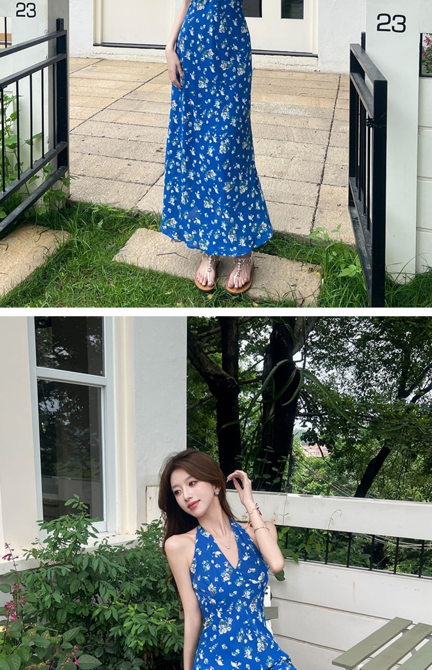 프랑스식 파란색 행침 목 슬립 꽃무늬 드레스 아이들 여름 2025 새로운 작은 키 품격 허리 수축 롱 스커트 상세 이미지 15