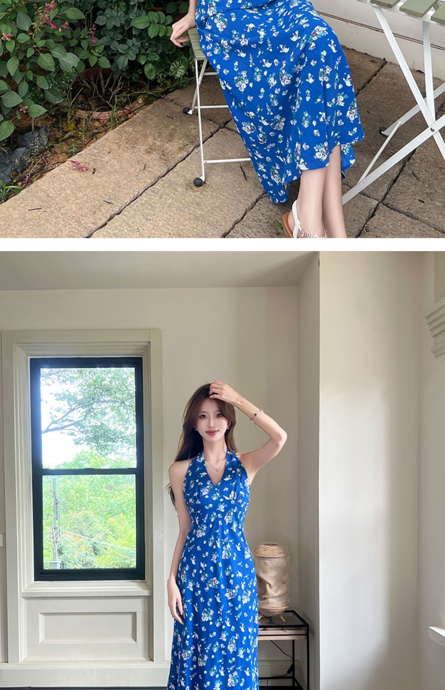 프랑스식 파란색 행침 목 슬립 꽃무늬 드레스 아이들 여름 2025 새로운 작은 키 품격 허리 수축 롱 스커트 상세 이미지 16